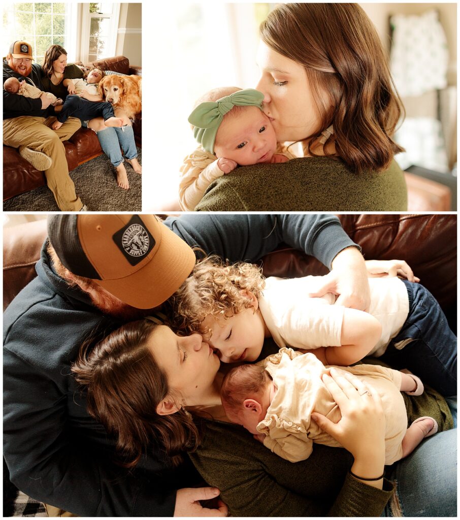 university place lifestyle in-home newborn photos with 2 kids and a golden retriever