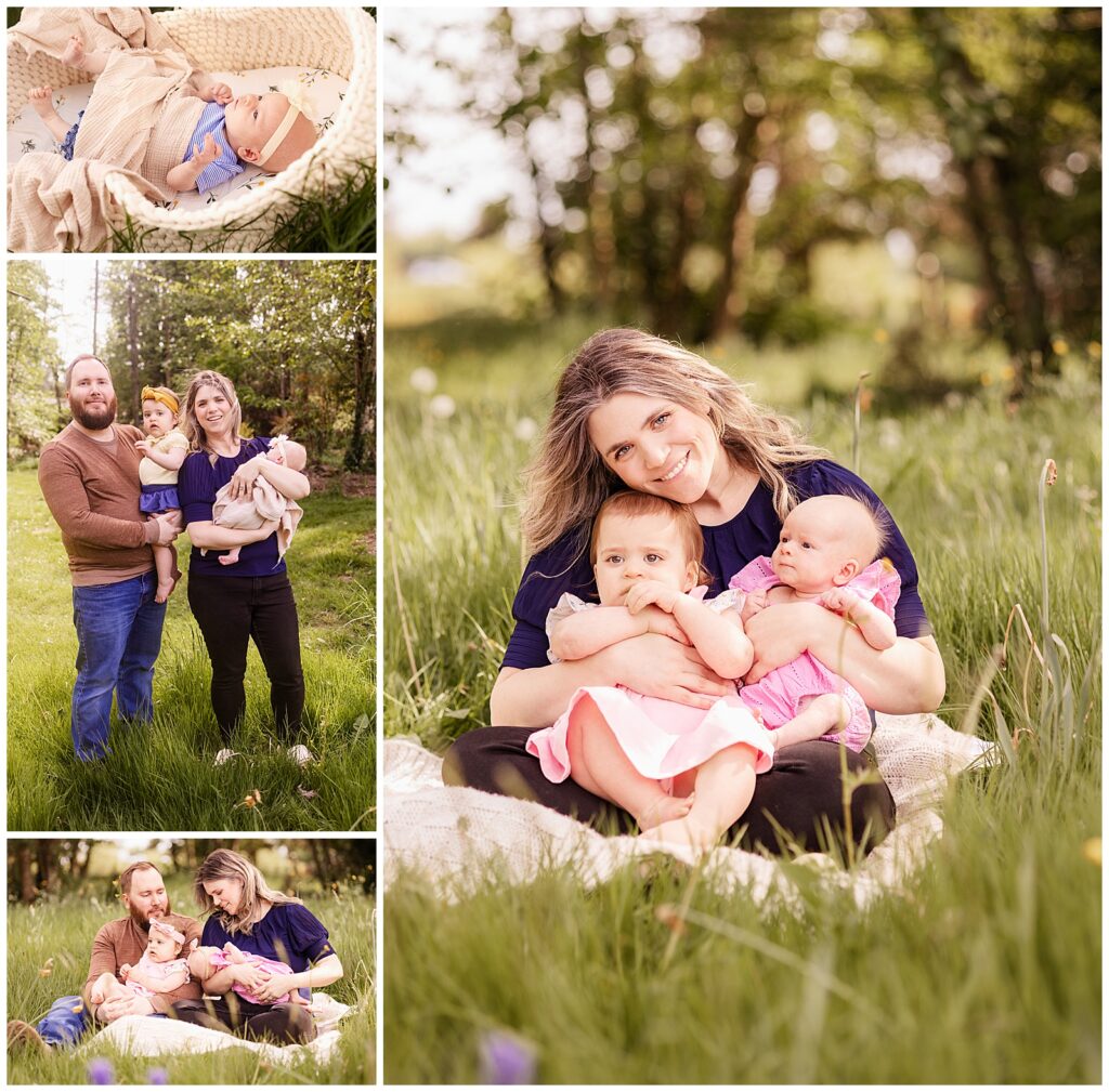 Outdoor newborn photoshoot in Puyallup of a family with two kids